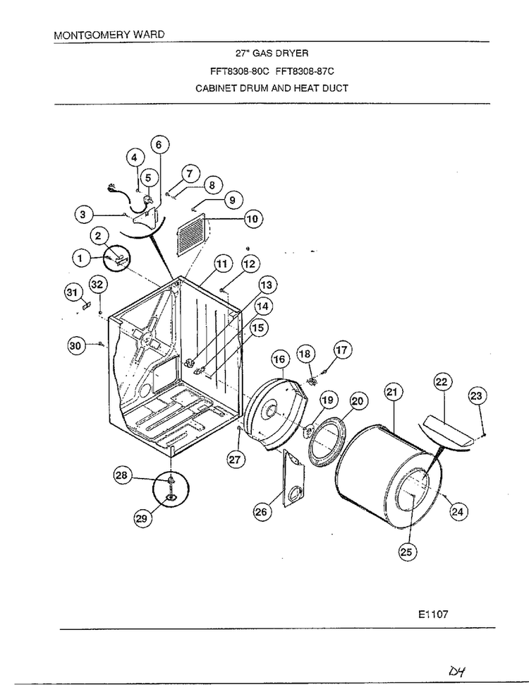 Cabinet Drum/heat Duct Diagram and Parts List for 8308-87C  Frigidaire Dryer