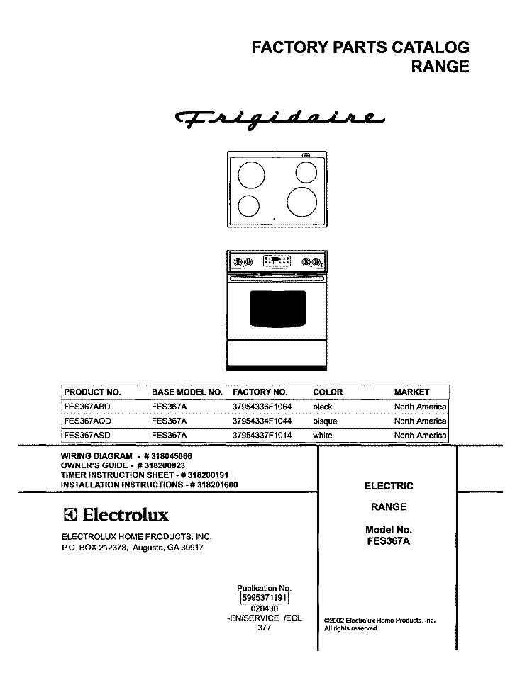 COVER Diagram and Parts List for FES367AQD  Frigidaire Range