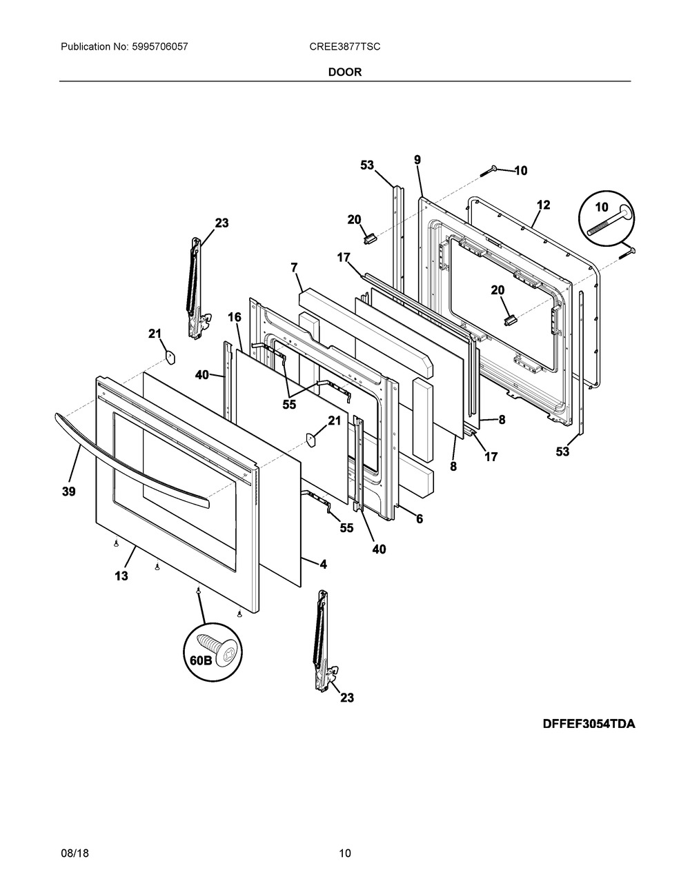 Door Diagram and Parts List for CREE3877TSC  Frigidaire Range