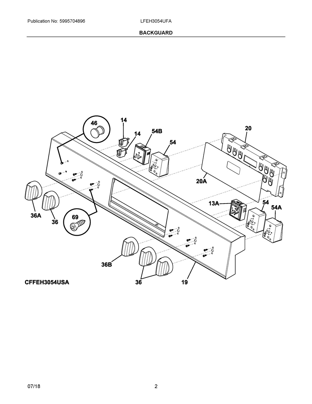 Backguard Diagram and Parts List for LFEH3054UFA  Frigidaire Range