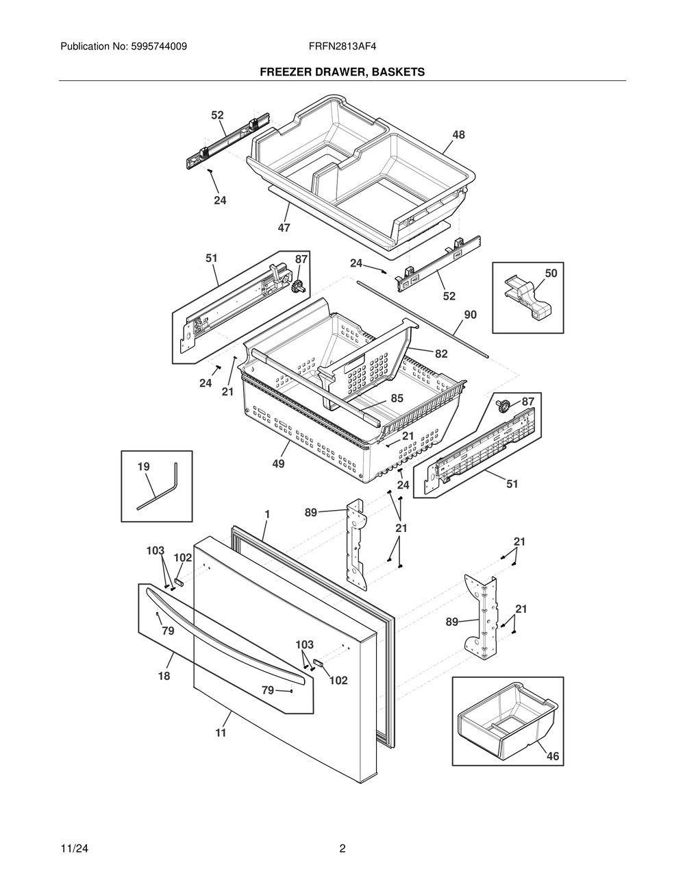 Freezer Drawer, Baskets Diagram and Parts List for FRFN2813AF4  Frigidaire Freezer