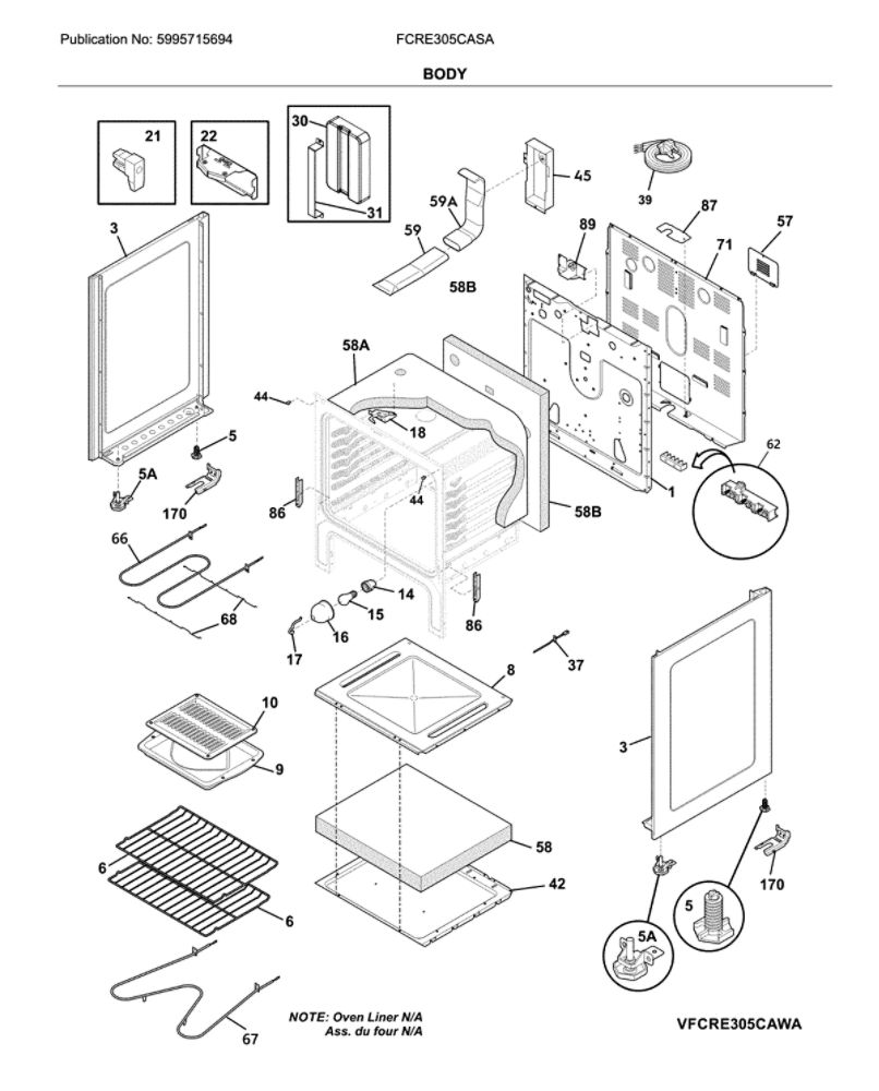 Body Diagram and Parts List for FCRE305CASA  Frigidaire Range