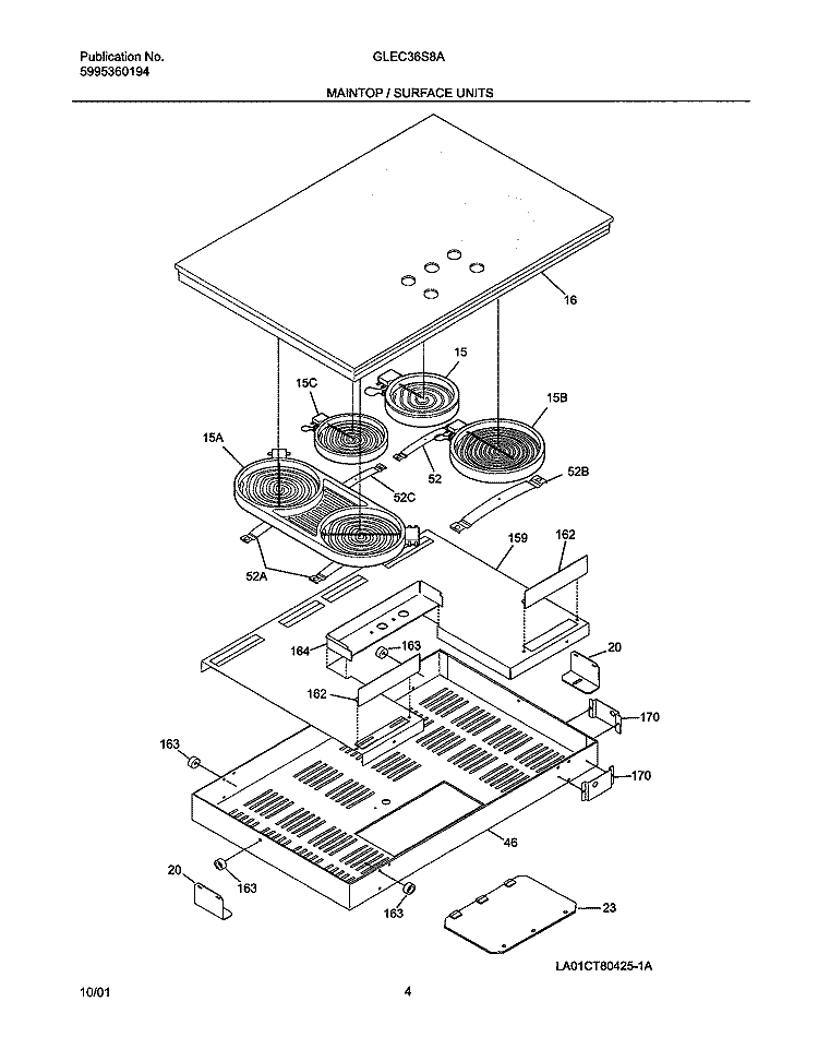MAINTOP / SURFACE UNITS Diagram and Parts List for GLEC36S8ABA  Frigidaire Cooktop