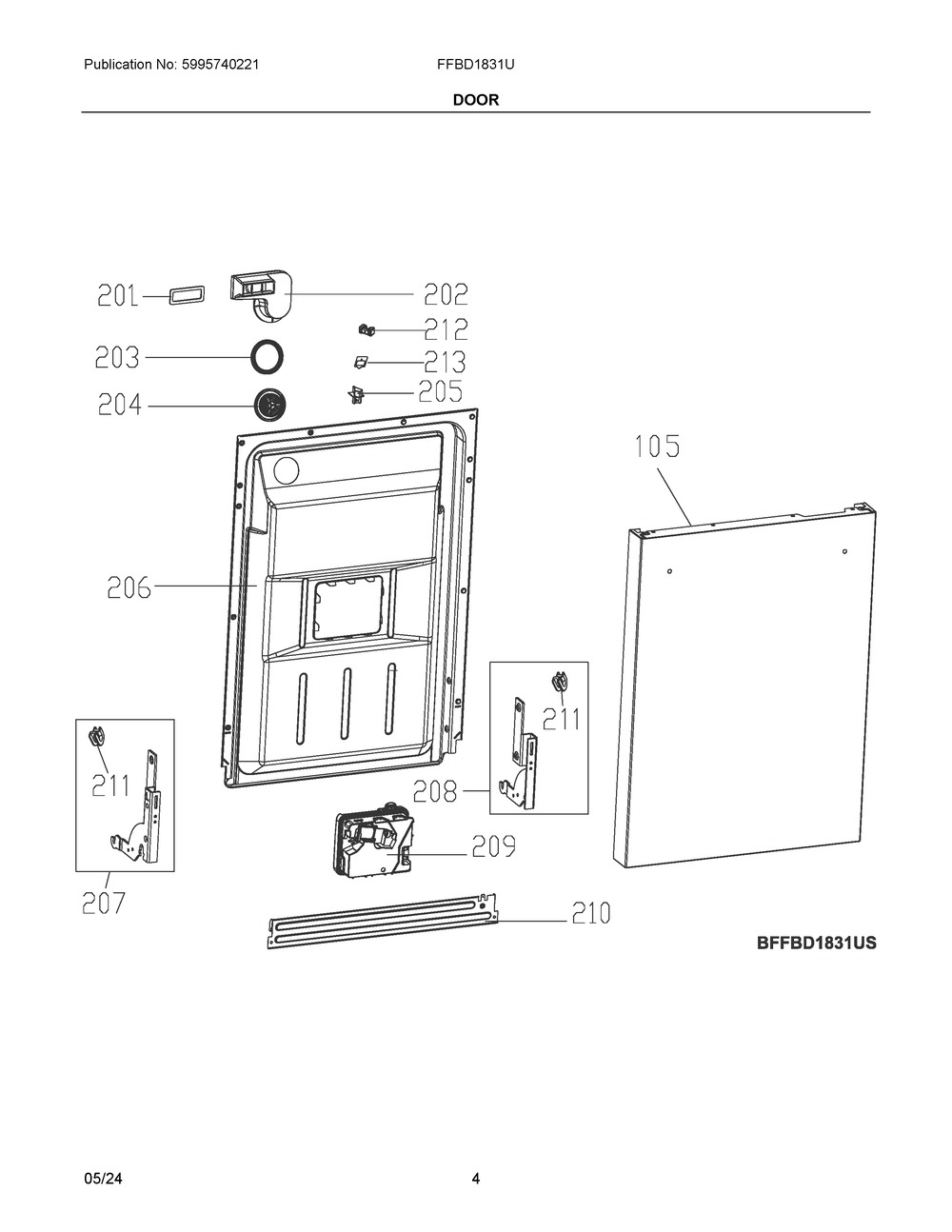 Door Diagram and Parts List for FFBD1831UW0A  Frigidaire Dishwasher