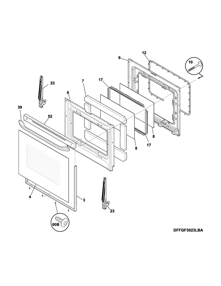 Door Diagram and Parts List for FFGF3024RWA  Frigidaire Range