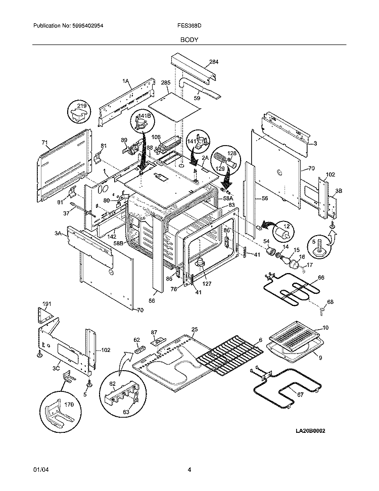 BODY Diagram and Parts List for FES368DQA  Frigidaire Range