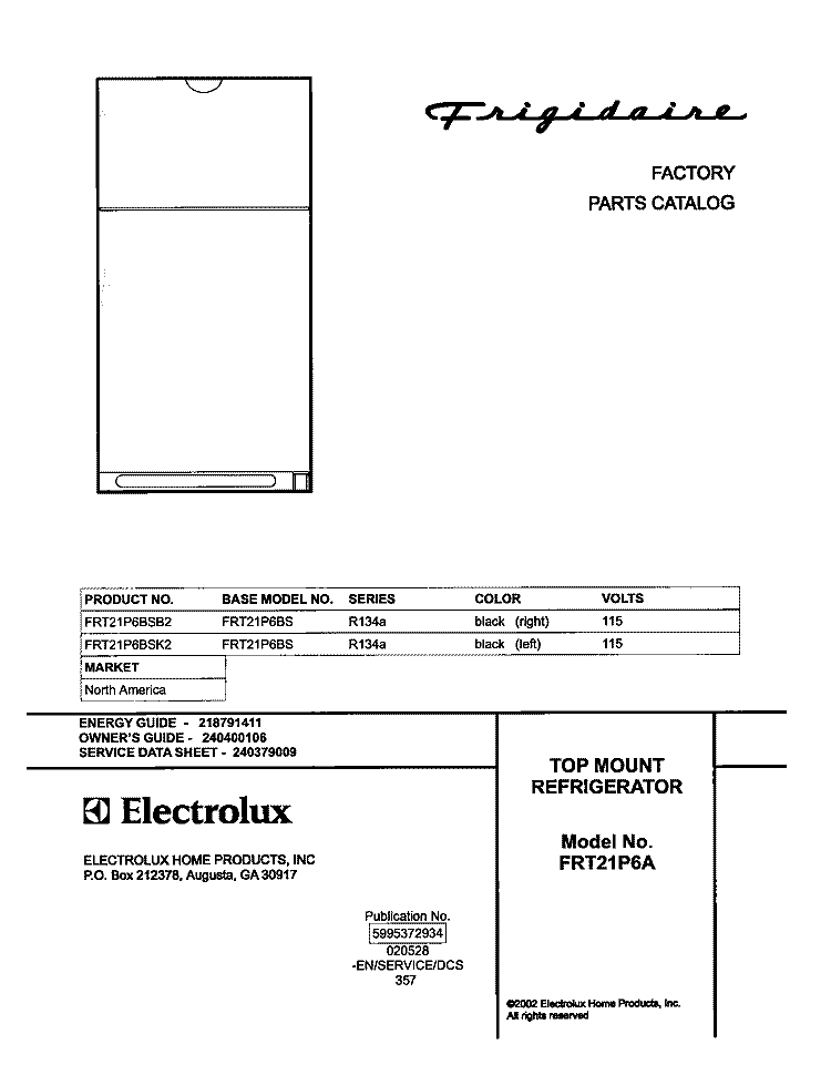COVER Diagram and Parts List for FRT21P6BSB2  Frigidaire Refrigerator