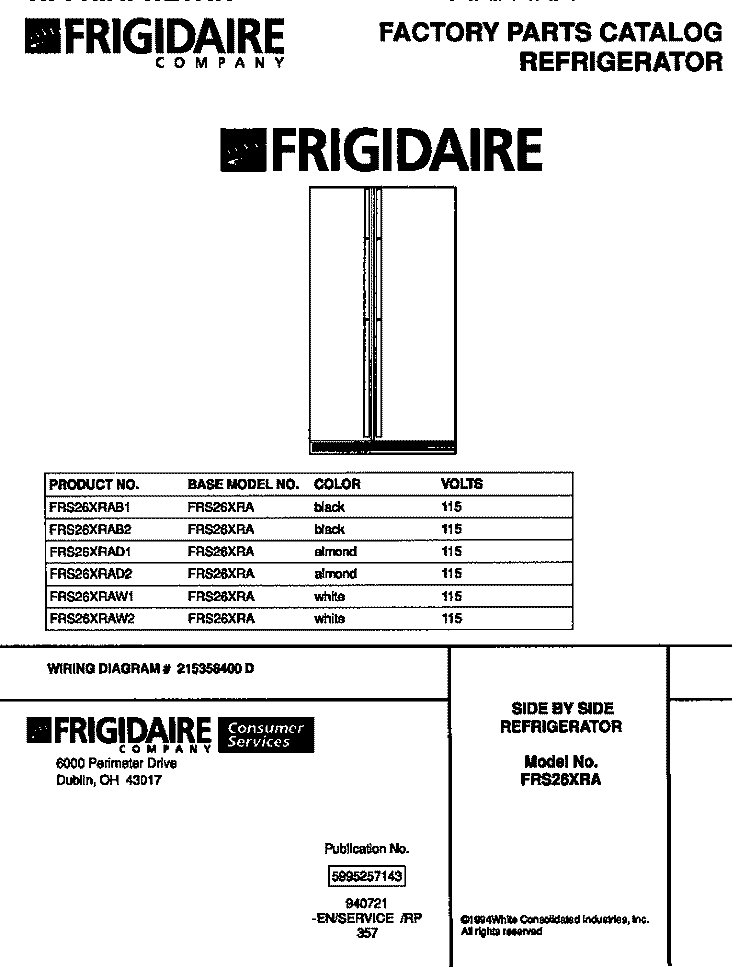 SIDE BY SIDE REFRIGERATOR Diagram and Parts List for FRS26XRAB1  Frigidaire Refrigerator