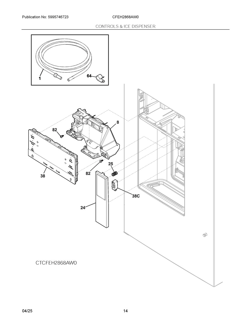 Controls And Ice Dispenser Diagram and Parts List for CFEH2868AW0  Frigidaire Refrigerator