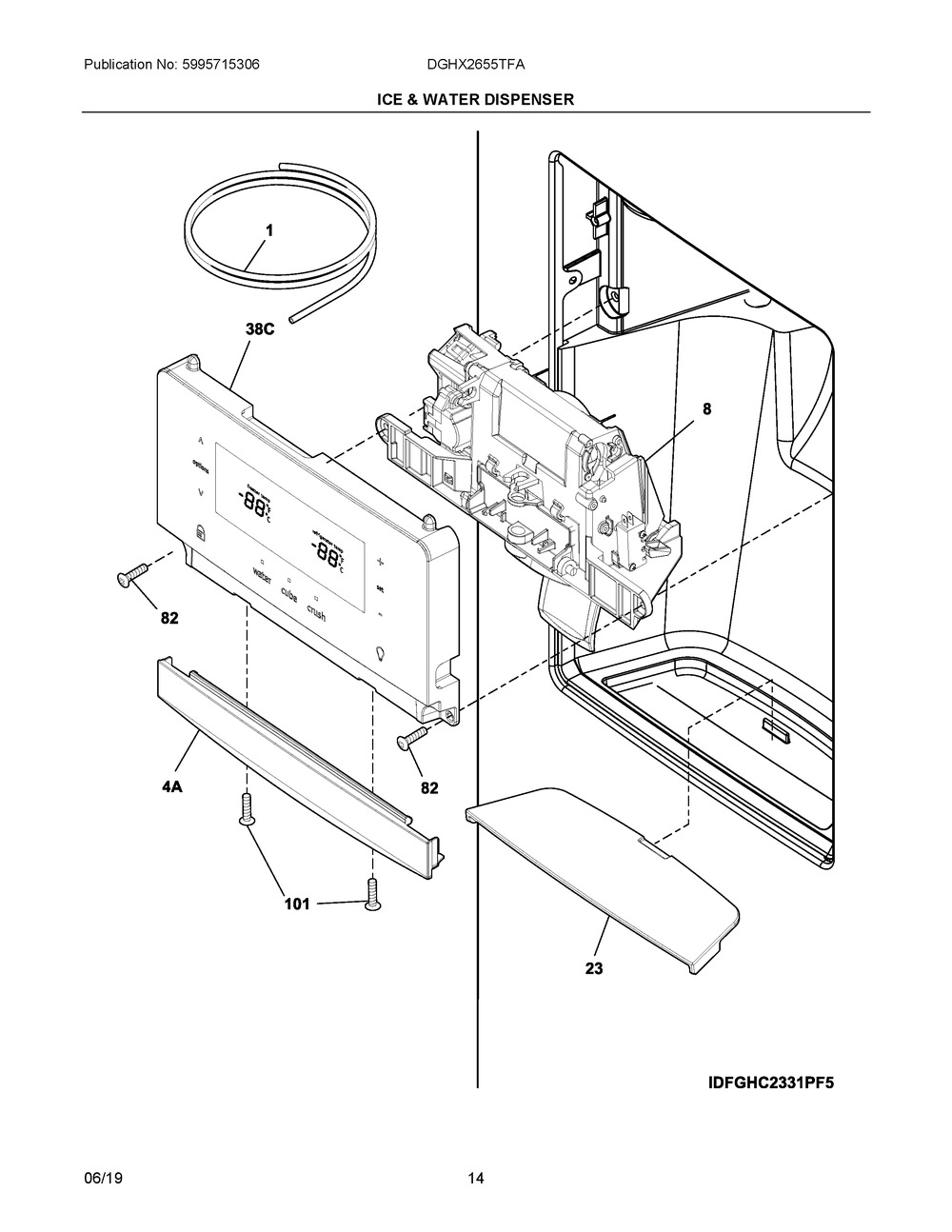 Ice & Water Dispenser Diagram and Parts List for DGHX2655TFA  Frigidaire Refrigerator