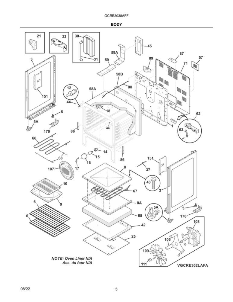 Body Diagram and Parts List for GCRE3038AFF  Frigidaire Range