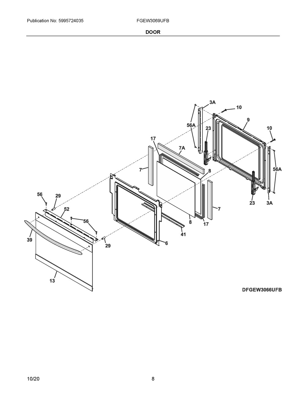 Door Diagram and Parts List for FGEW3069UFB  Frigidaire Range