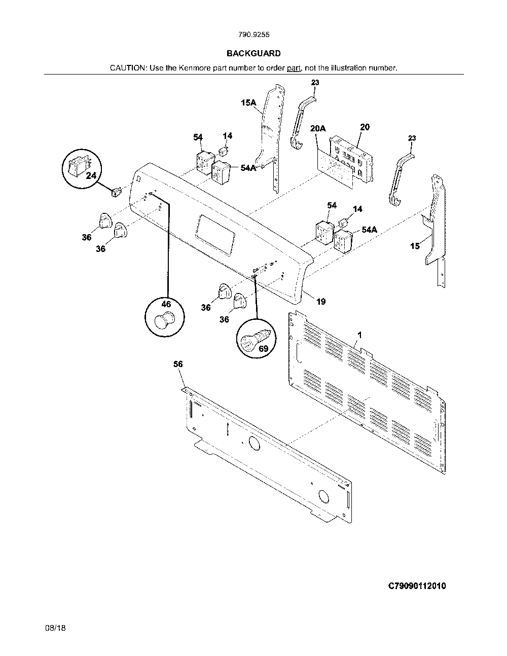 Backguard Diagram and Parts List for 79092552810  Kenmore Range