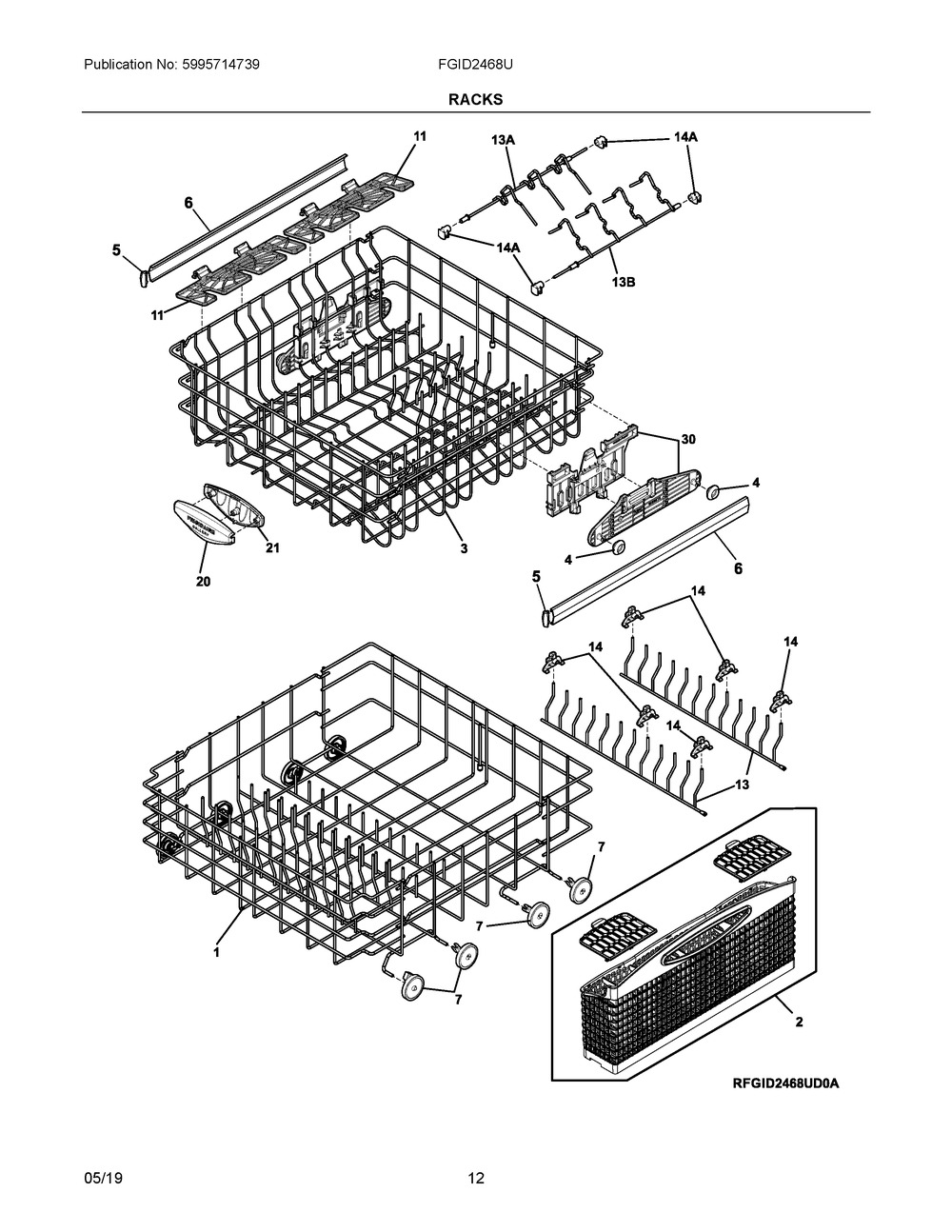 Racks Diagram and Parts List for FGID2468UD0A  Frigidaire Dishwasher