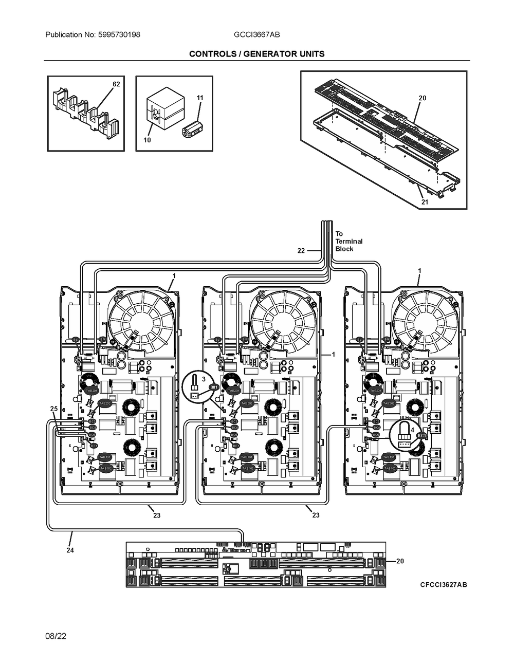 Controls/Generator Units Diagram and Parts List for GCCI3667ABA  Electrolux Cooktop