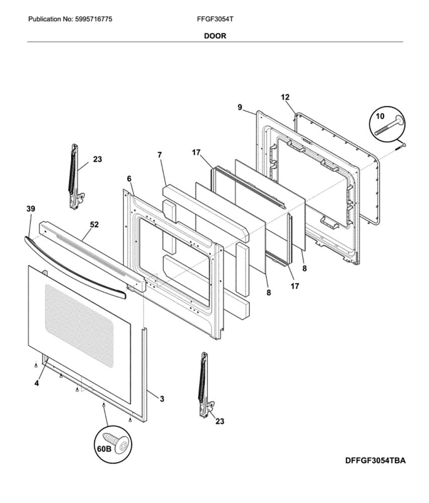 Door Diagram and Parts List for FFGF3054TBE  Frigidaire Range