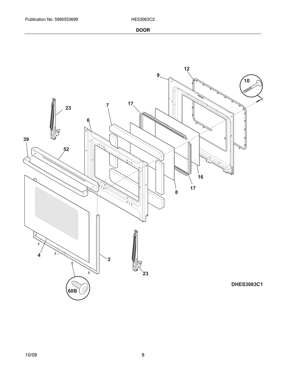 Door Diagram and Parts List for HES3063C2  Frigidaire Range