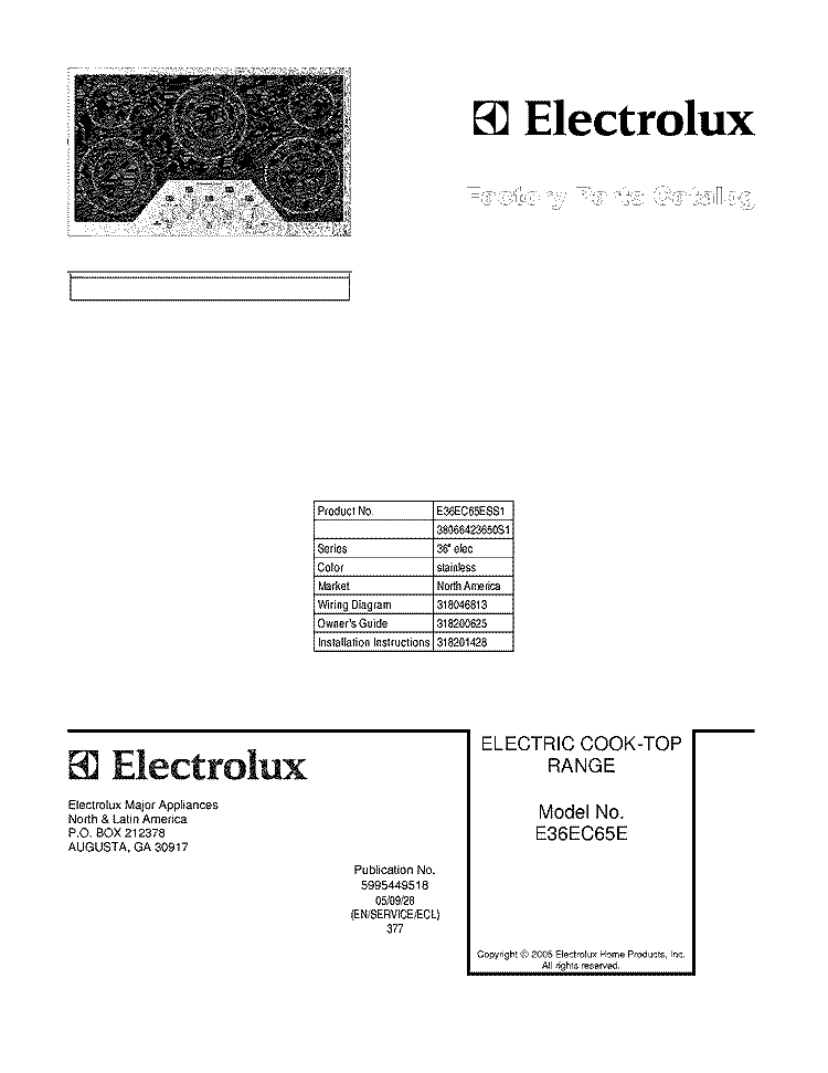 COVER Diagram and Parts List for E36EC65ESS1  Electrolux Cooktop