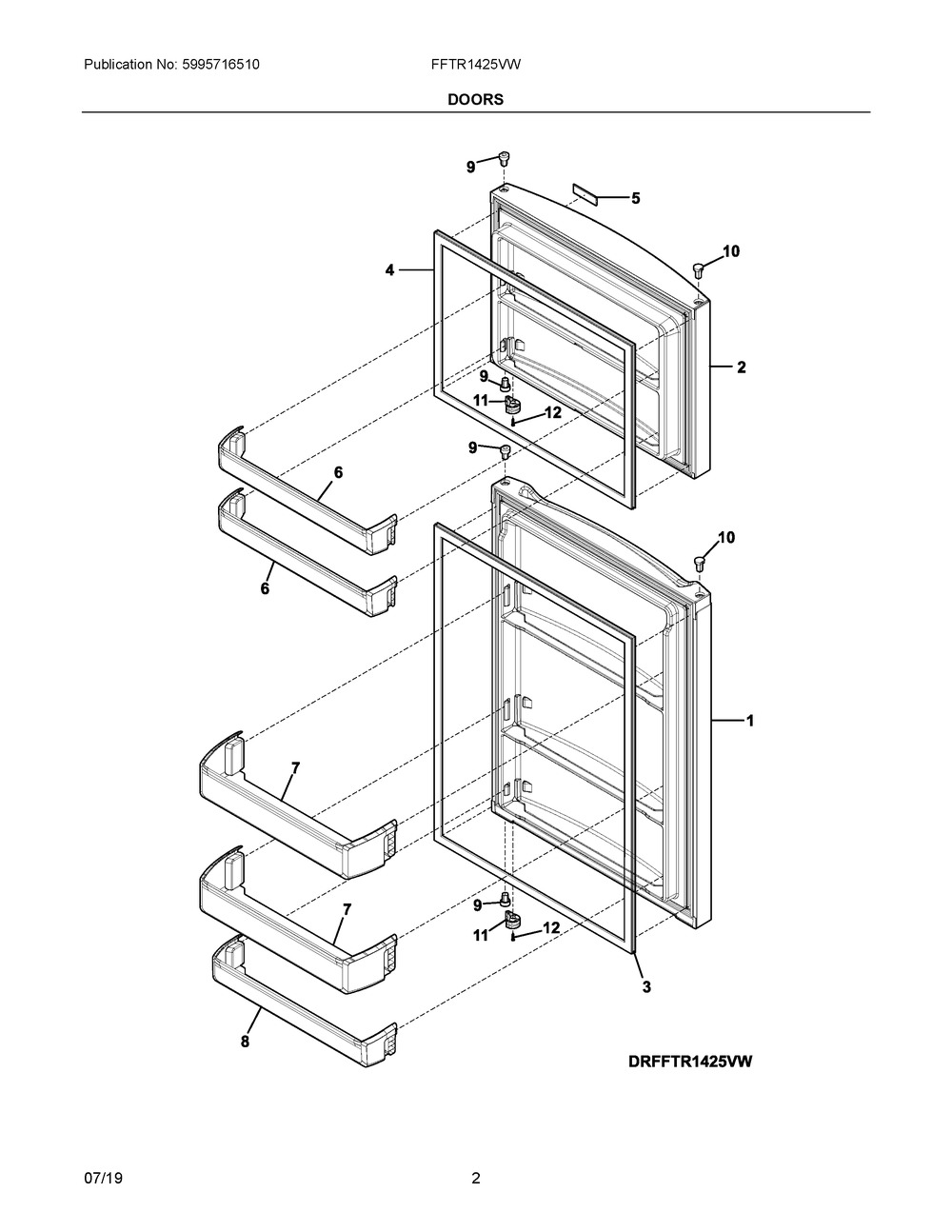 Doors Diagram and Parts List for FFTR1425VW  Frigidaire Refrigerator