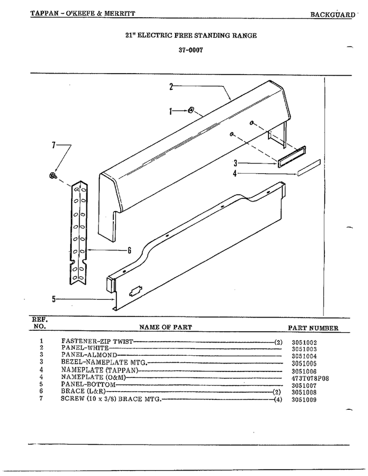 Backguard Diagram and Parts List for 37-0117  Frigidaire Range