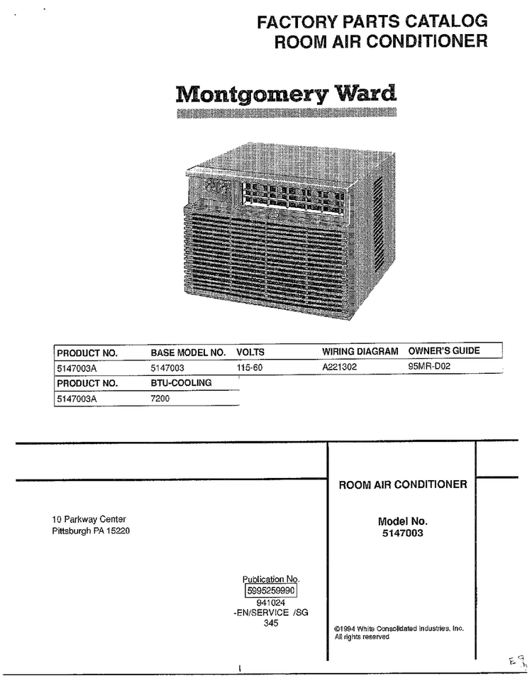 Room Air Conditioner Cover Page Diagram and Parts List for 5147003  Frigidaire Air Conditioner
