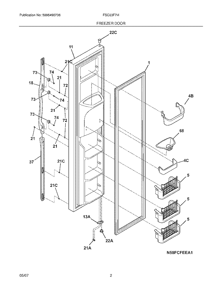FREEZER DOOR Diagram and Parts List for FSC23F7HW4  Frigidaire Refrigerator