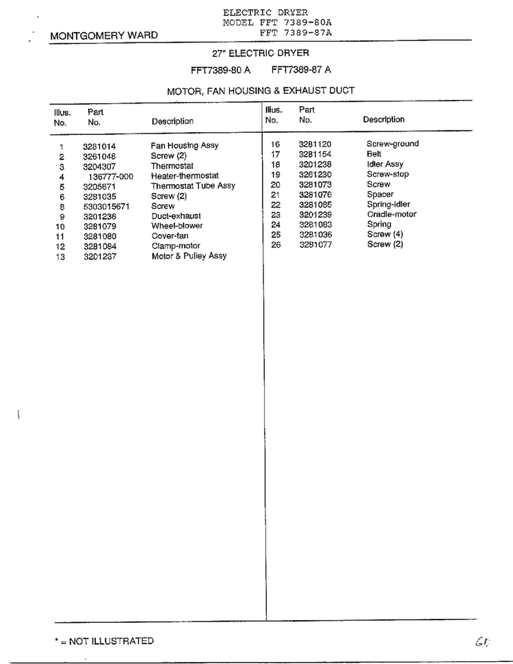Motor, Fan Housing And Exhaust Duct Page 2 Diagram and Parts List for 7389-80A  Frigidaire Dryer