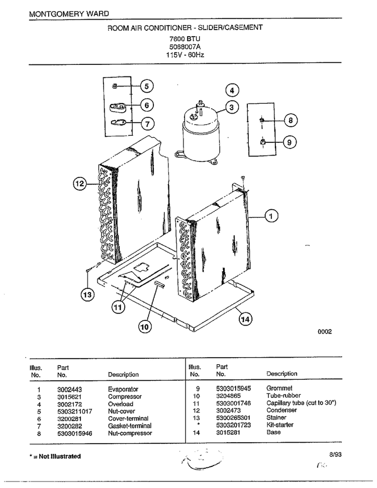 Room Air Conditioner - Slider/casement Diagram and Parts List for 5068007A  Frigidaire Air Conditioner