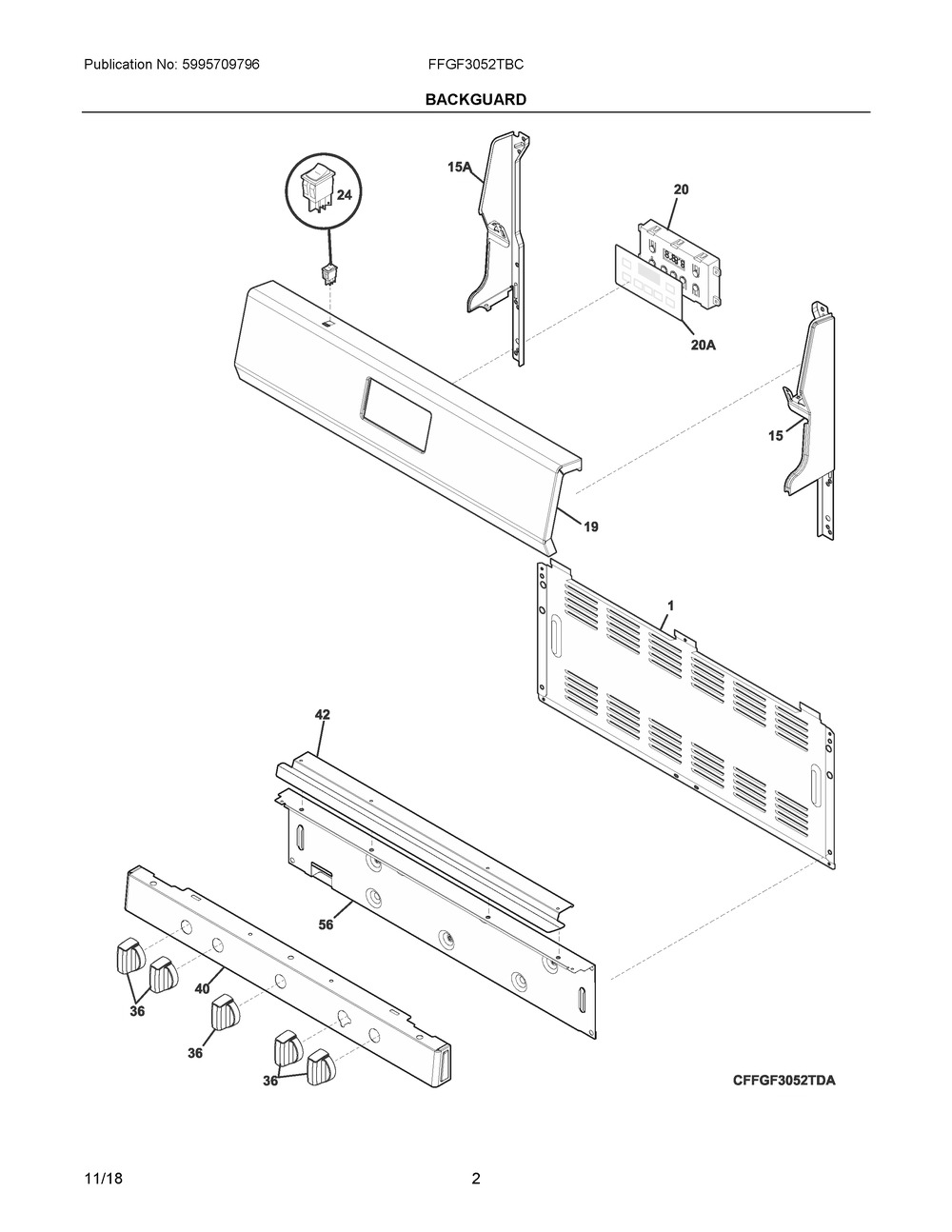 Backguard Diagram and Parts List for FFGF3052TBC  Frigidaire Range