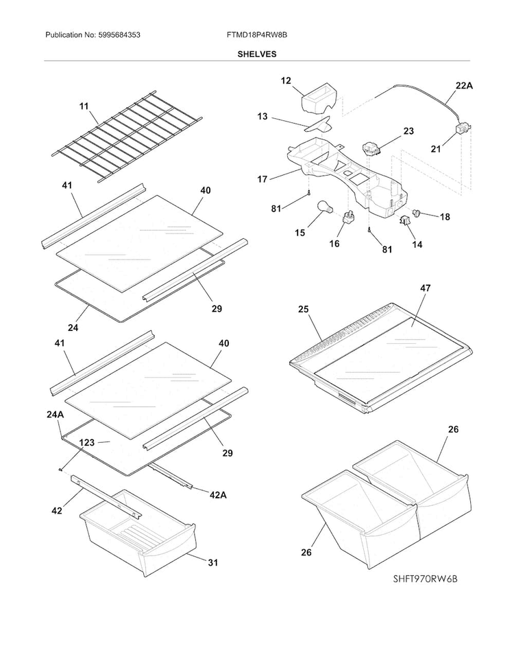 Shelves Diagram and Parts List for FTMD18P4RW8B  Frigidaire Refrigerator