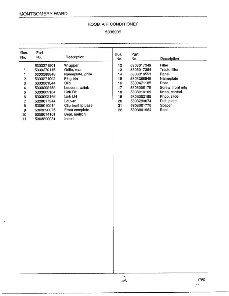 Room Air Conditioner Page 2 Diagram and Parts List for 5338009  Frigidaire Air Conditioner