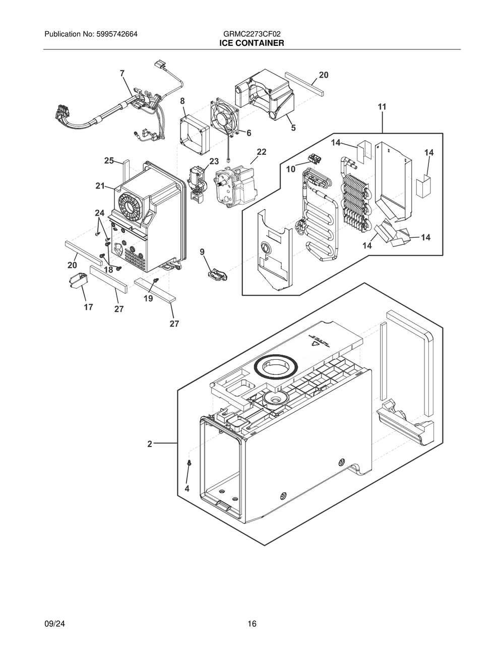 Ice Container Diagram and Parts List for GRMC2273CF02  Frigidaire Refrigerator