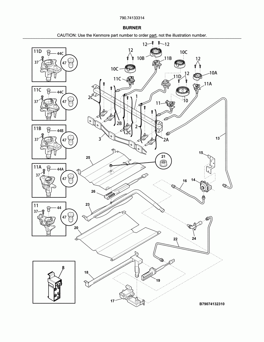 Burner Diagram and Parts List for 79074133314  Kenmore Range