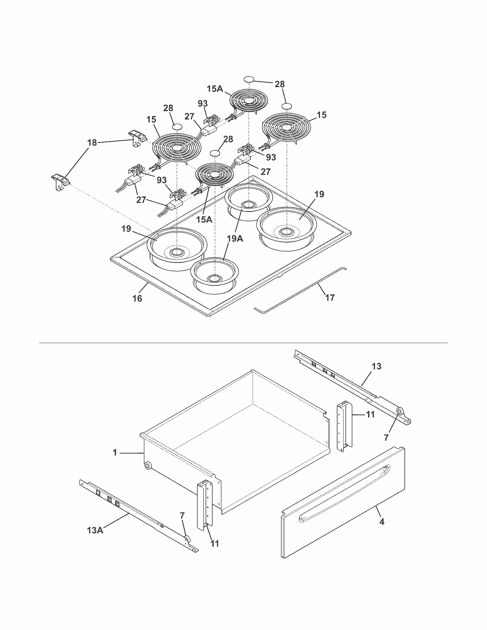 Top/drawer Diagram and Parts List for 79042529310  Kenmore Range