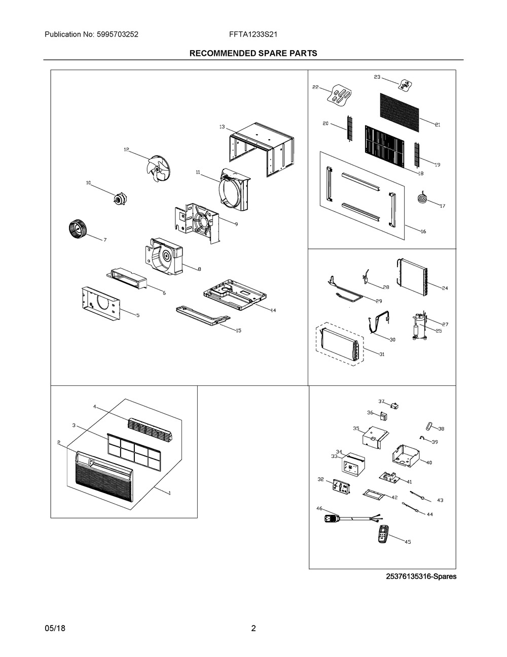 Recommended Spare Parts Diagram and Parts List for FFTA1233S21  Frigidaire Air Conditioner