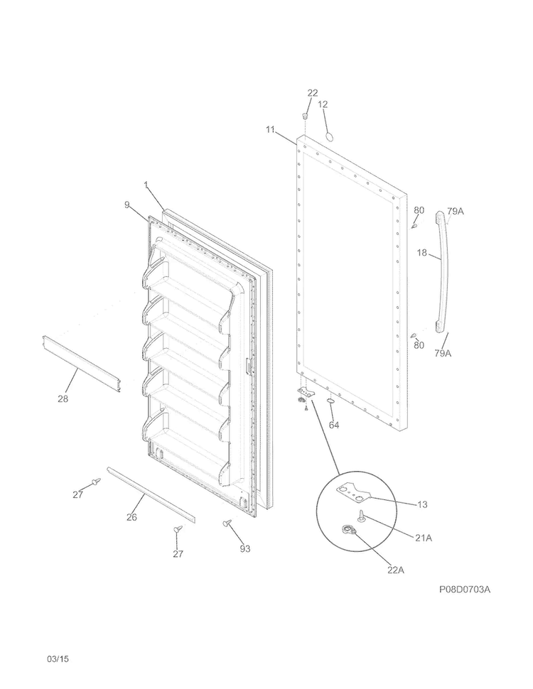 Door Diagram and Parts List for FFFH20D1RWA  Frigidaire Freezer