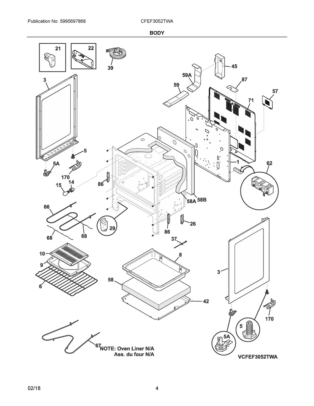 Body Diagram and Parts List for CFEF3052TWA  Frigidaire Range