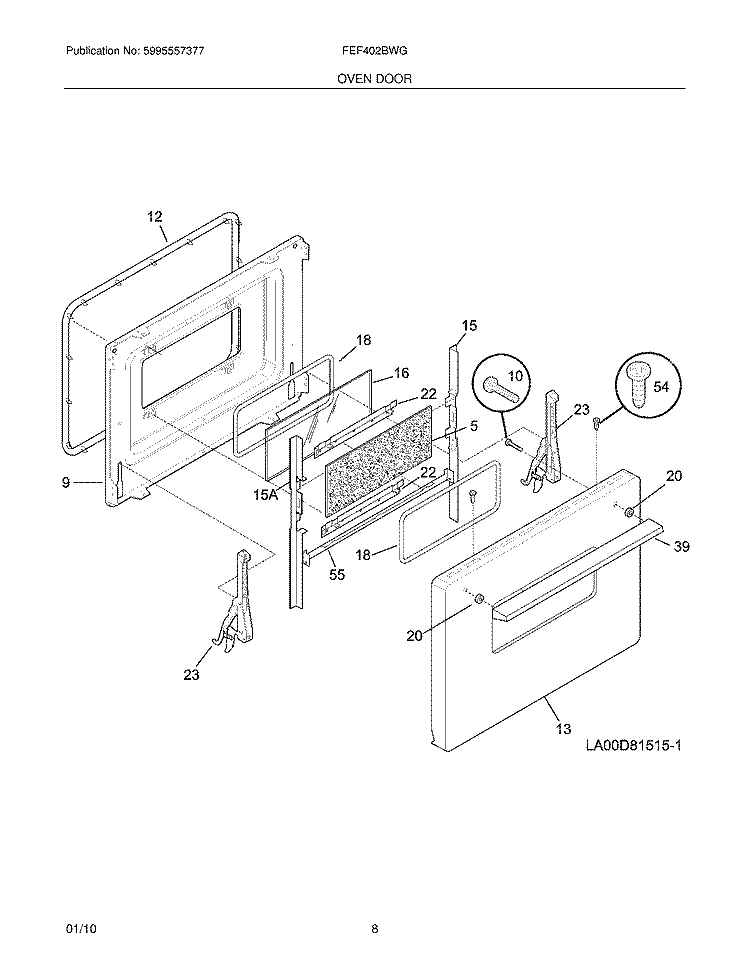 OVEN DOOR Diagram and Parts List for FEF402BWG  Frigidaire Range