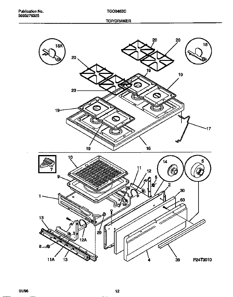 TOP / DRAWER Diagram and Parts List for TGO346BCWB  Tappan Range