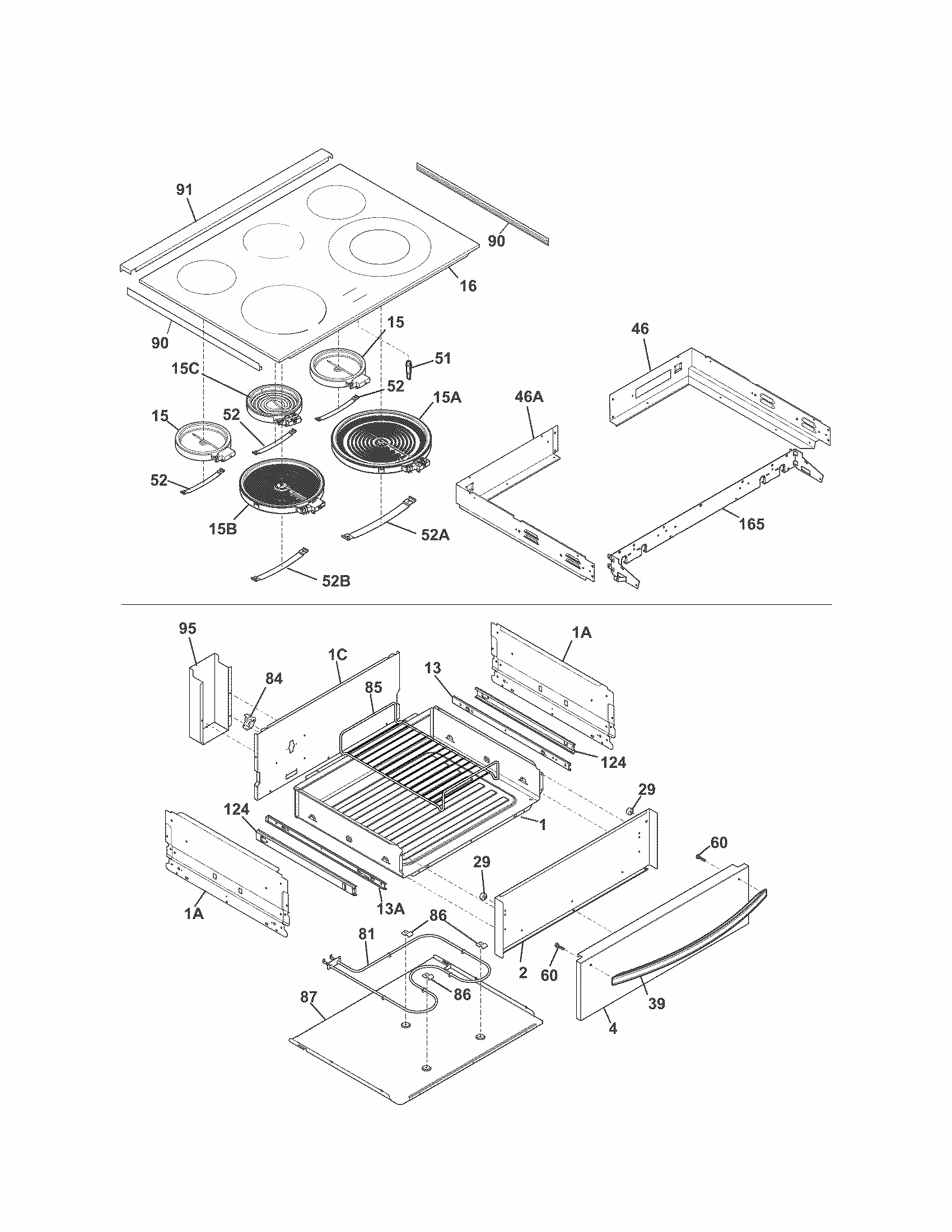 Top/drawer Diagram and Parts List for 79042542310  Kenmore Range
