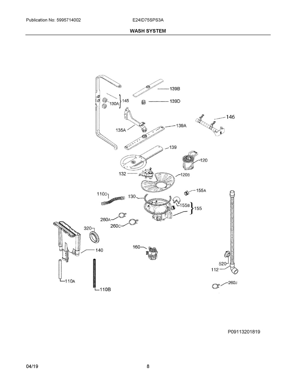 Wash System Diagram and Parts List for E24ID75SPS3A  Frigidaire Dishwasher