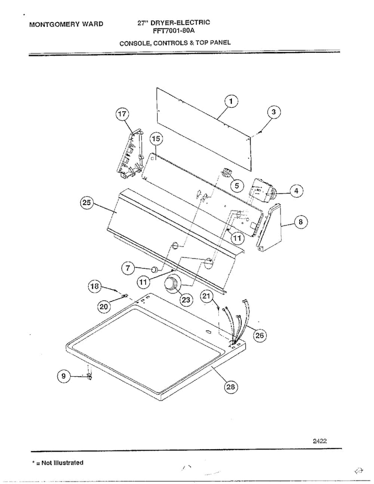 Console/controls And Top Panel Diagram and Parts List for 7001-80A  Frigidaire Dryer