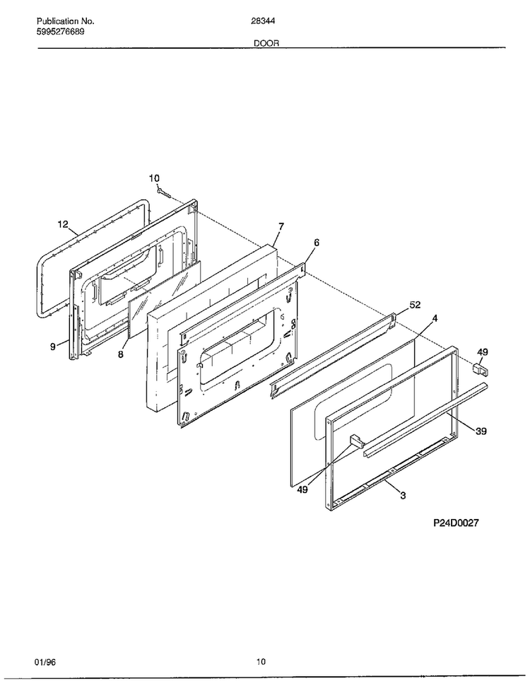 Door Diagram and Parts List for 283440B  Frigidaire Range