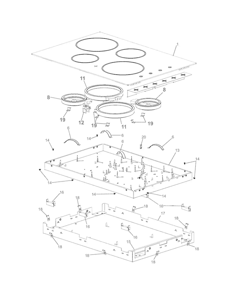 Main Top Diagram and Parts List for FFEC3225MW  Frigidaire Cooktop