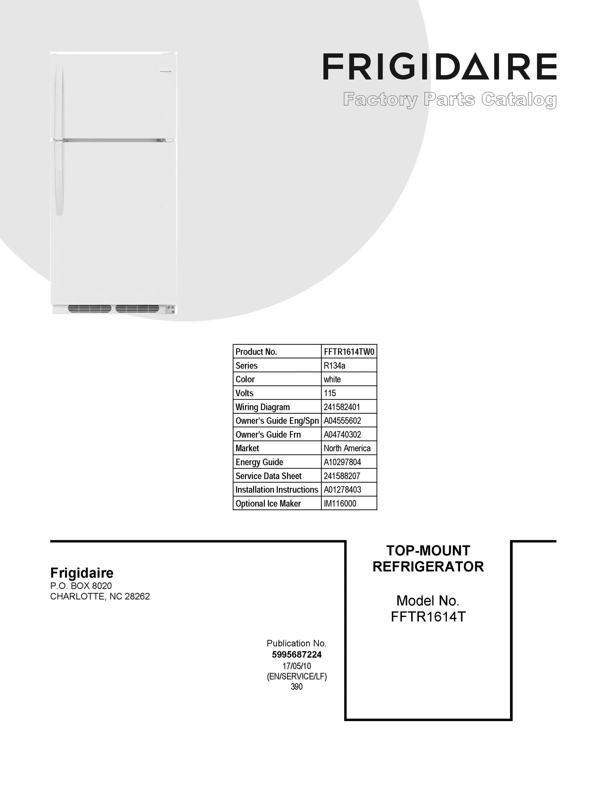 01 - COVER SHEET Diagram and Parts List for FFTR1614TW0  Frigidaire Refrigerator