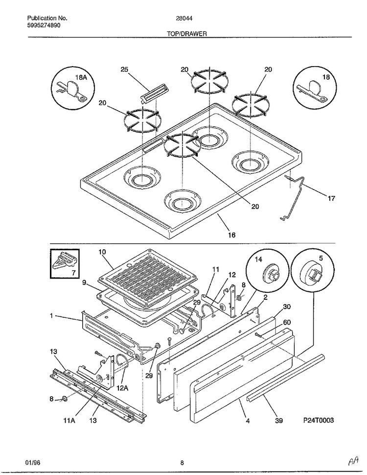 Top/drawer Diagram and Parts List for 280440C  Frigidaire Range