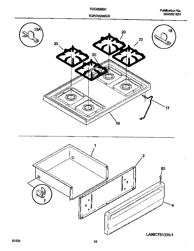 TOP / DRAWER Diagram and Parts List for TGO356BHD3  Tappan Range