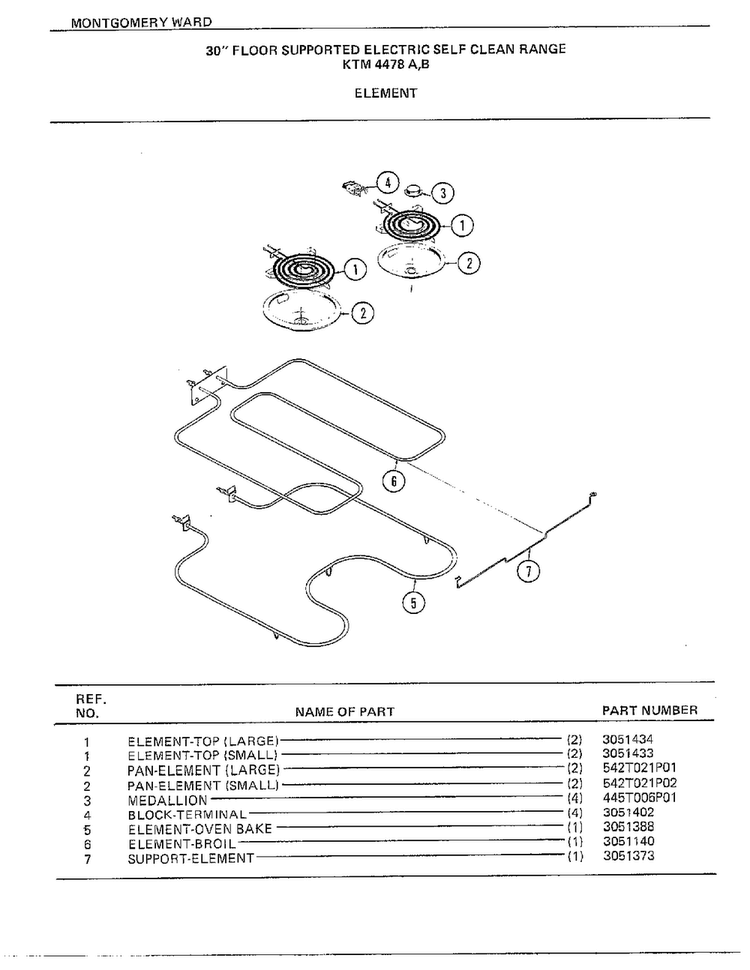 30" Floor Supported Elec Element Diagram and Parts List for 4478B  Frigidaire Range