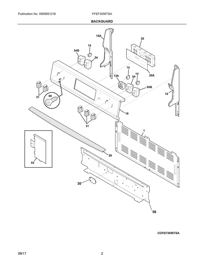 Backguard Diagram and Parts List for FFEF3056TSA  Frigidaire Range