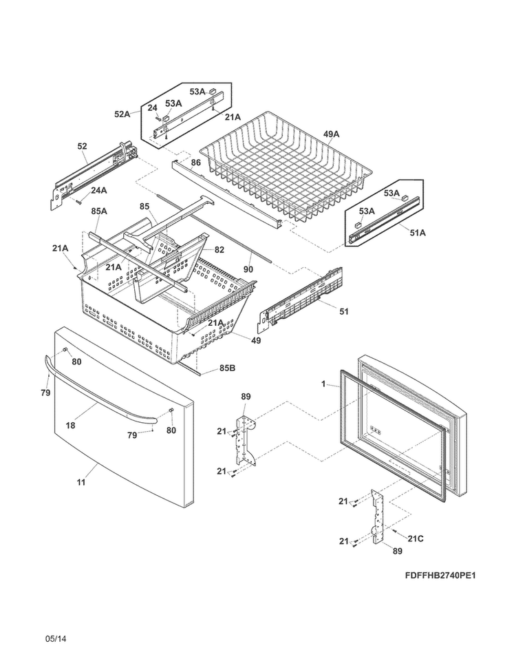 Freezer Drawer, Baskets Diagram and Parts List for FFHB2740PS5  Frigidaire Refrigerator